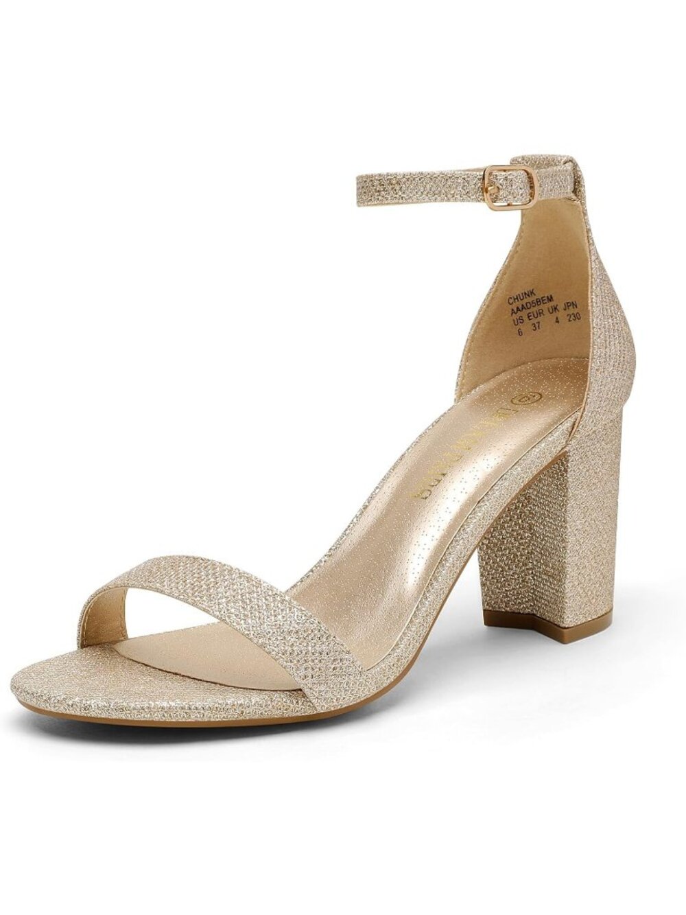 Dream Pairs Women's Gold Glitter Open Toe Ankle Strap Comfort Block Heel Sandals